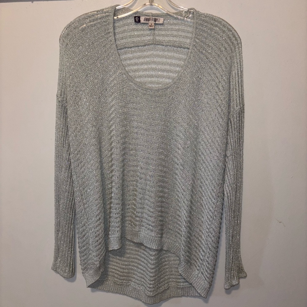 Jennifer Lopez Silver Sparkle Scoop Neck Sweater